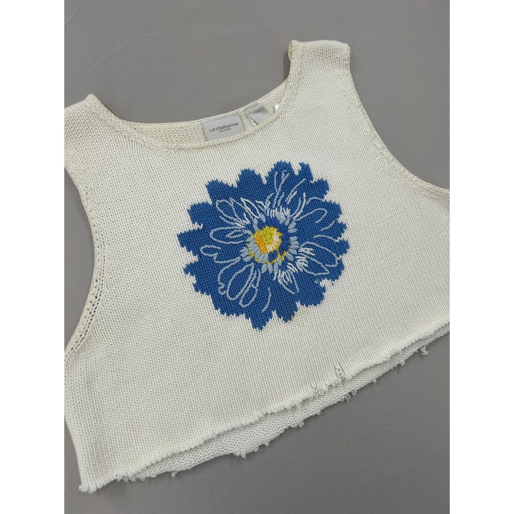 Liz Claiborne Lizsport White Cotton Knit Floral Cropped Sweater Vest Womens XL